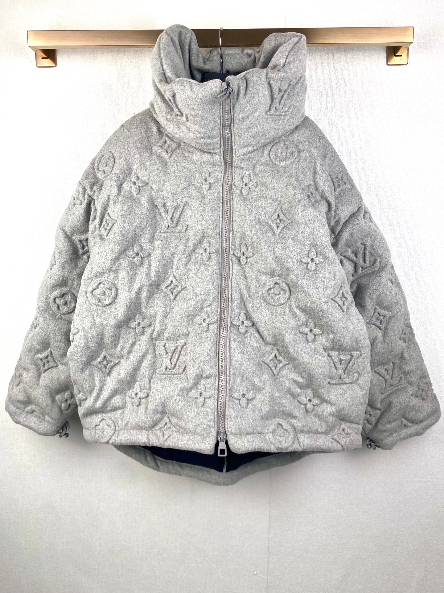 Louis Vuitton hooded puffer jacket, gray with allover monogram, front zip