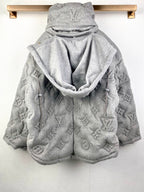 Louis Vuitton hooded puffer jacket, gray allover monogram, hood and pocket view