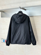 Hooded zip-up jacket in dark navy with hood, back view on hanger