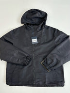 Dark navy hooded zip jacket with side pockets and elastic cuffs, front close-up
