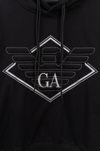 Black pullover hoodie with large center logo print and drawstring cords