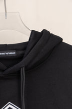 Black hoodie fabric and shoulder seam with inner neck label