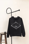Black pullover hoodie with large chest logo print and drawstring hood