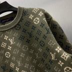 Crew-neck sweater with dark olive knit and scattered LV monogram motifs