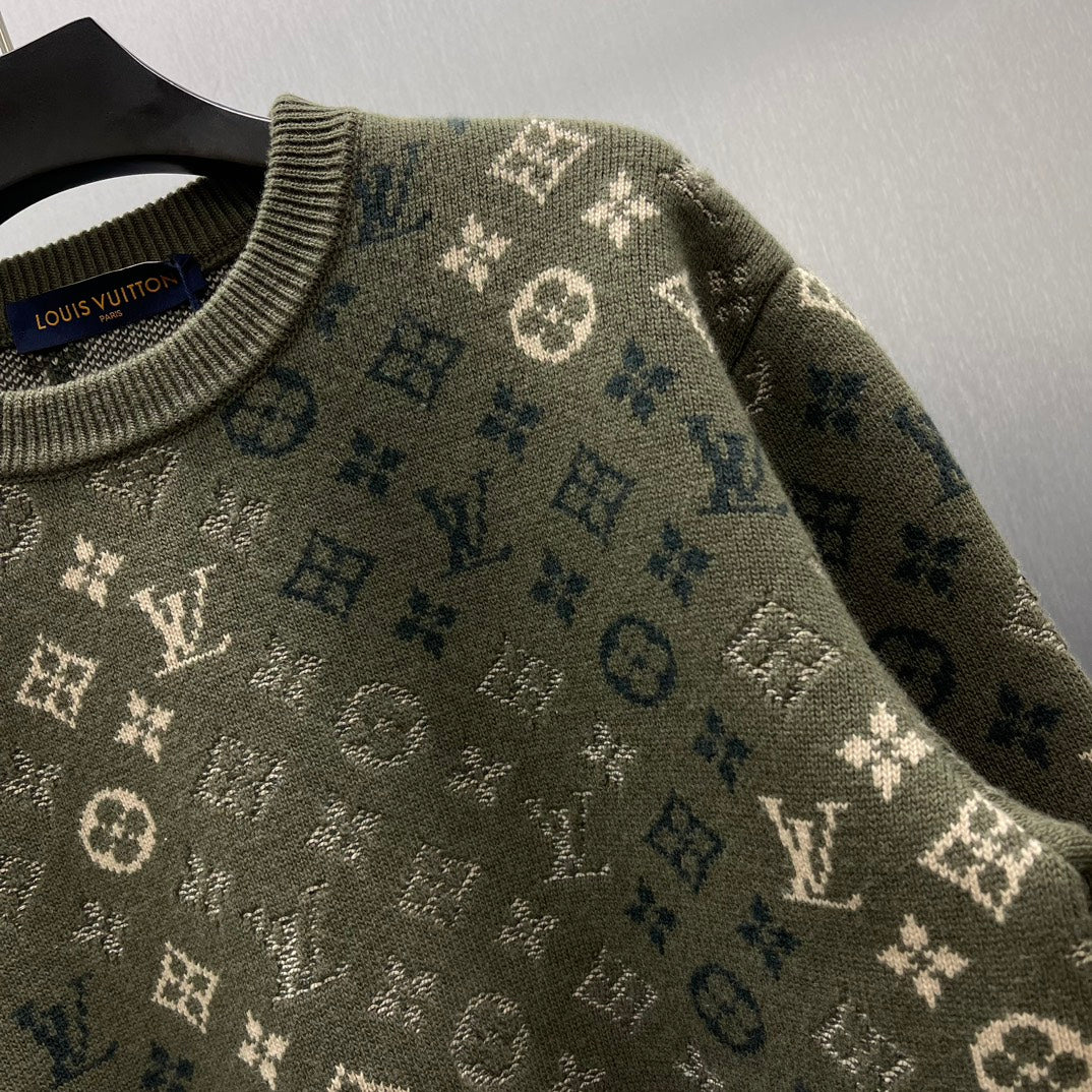 Crew-neck sweater with dark olive knit and scattered LV monogram motifs