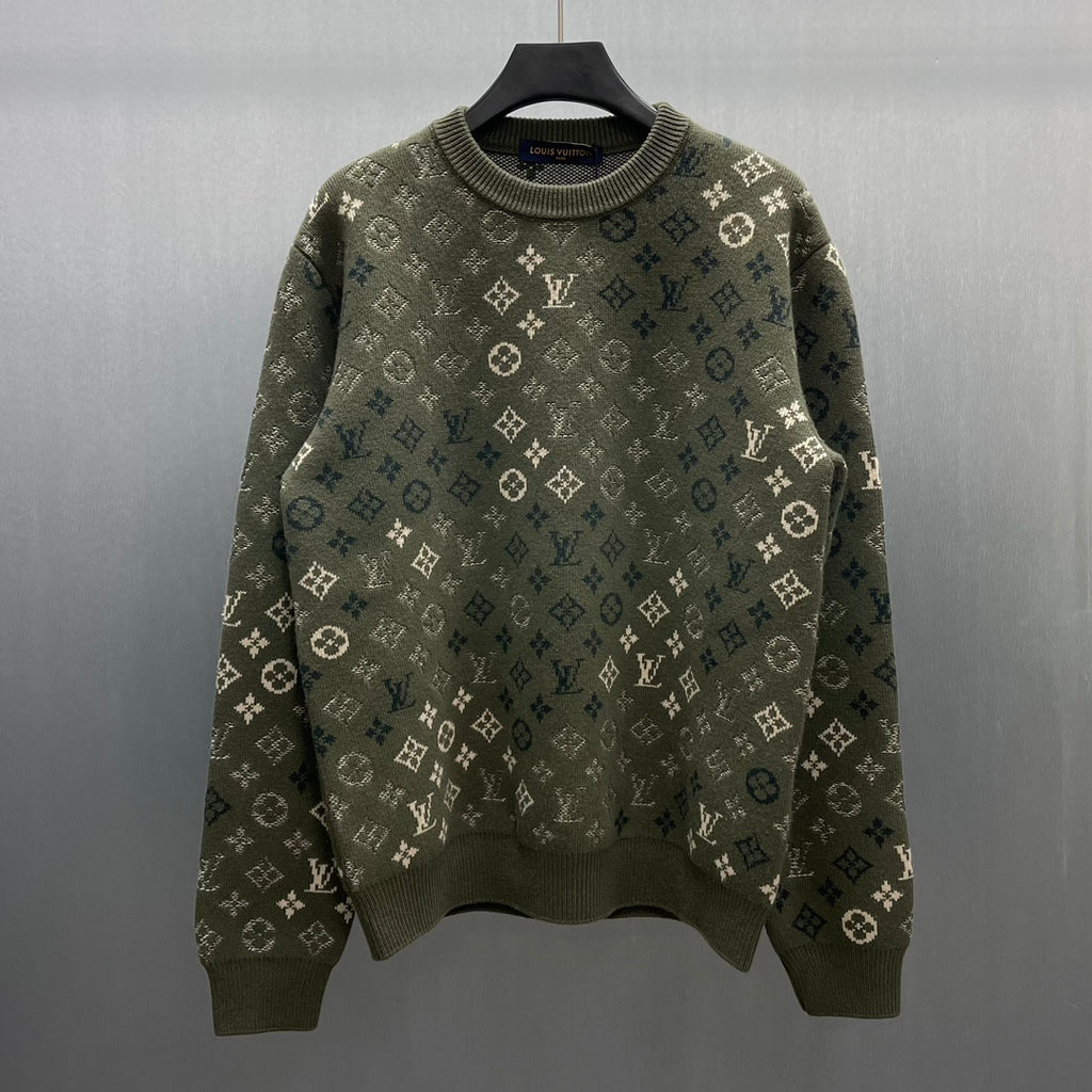 Long-sleeve knit sweater in dark olive with all-over LV monogram pattern