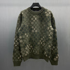 Long-sleeve knit sweater in dark olive with all-over LV monogram pattern