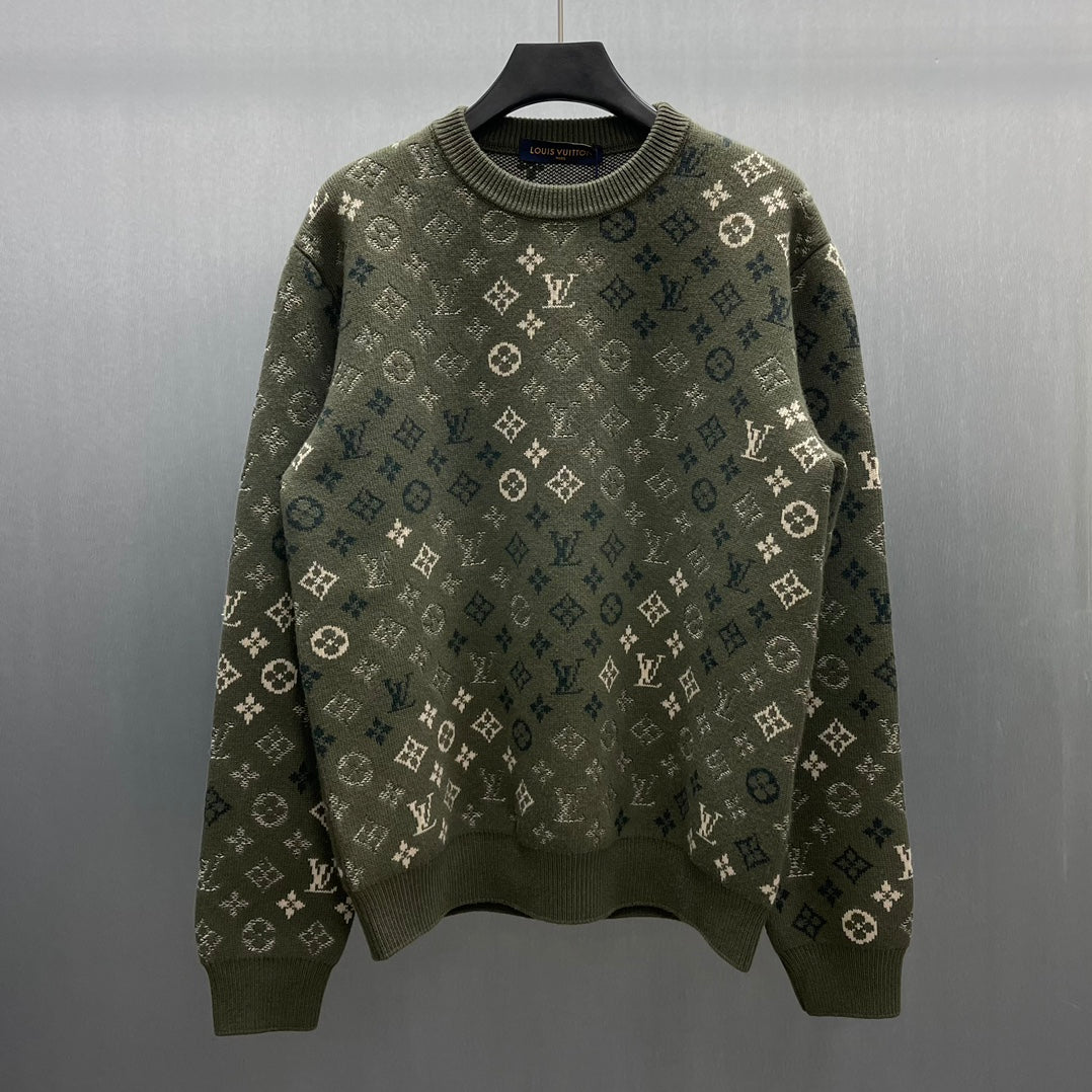 Long-sleeve knit sweater in dark olive with all-over LV monogram pattern