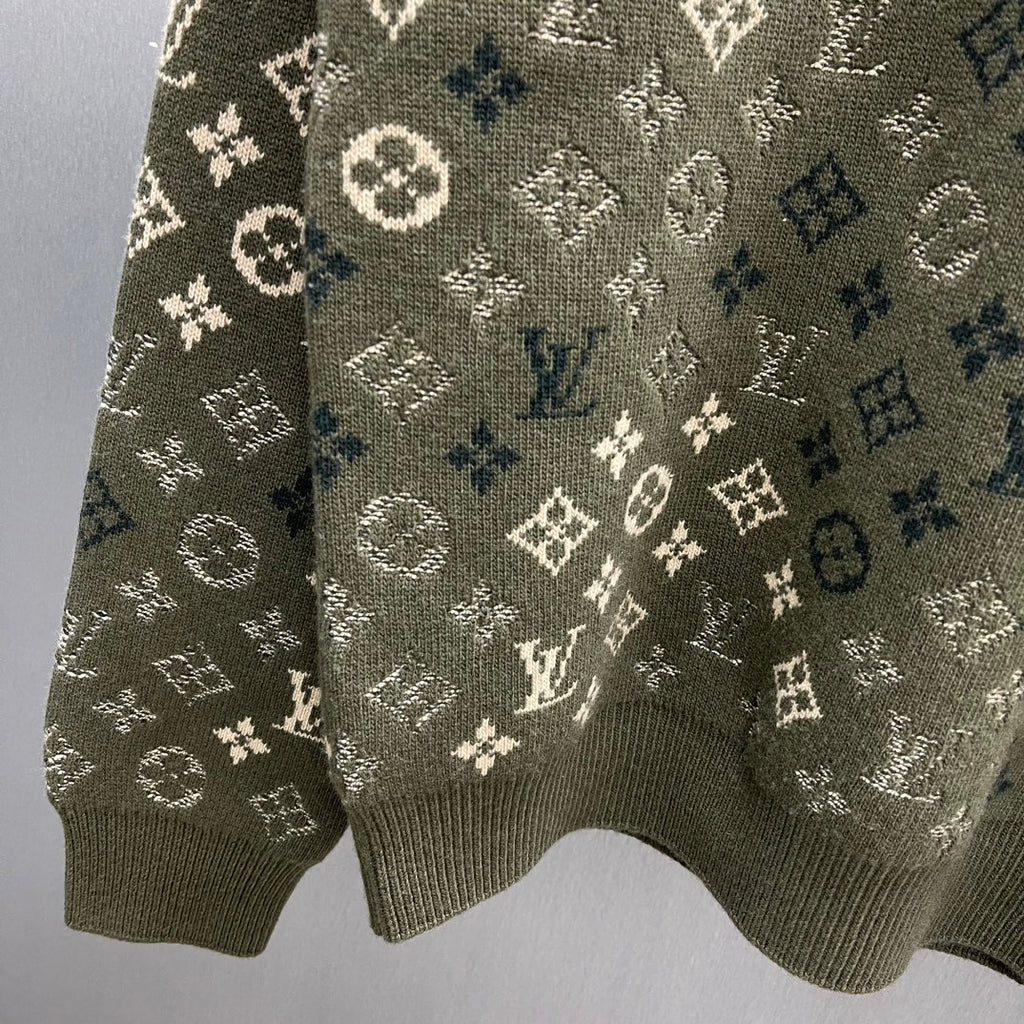 Knit sweater hem and ribbed cuffs with all-over LV monogram pattern