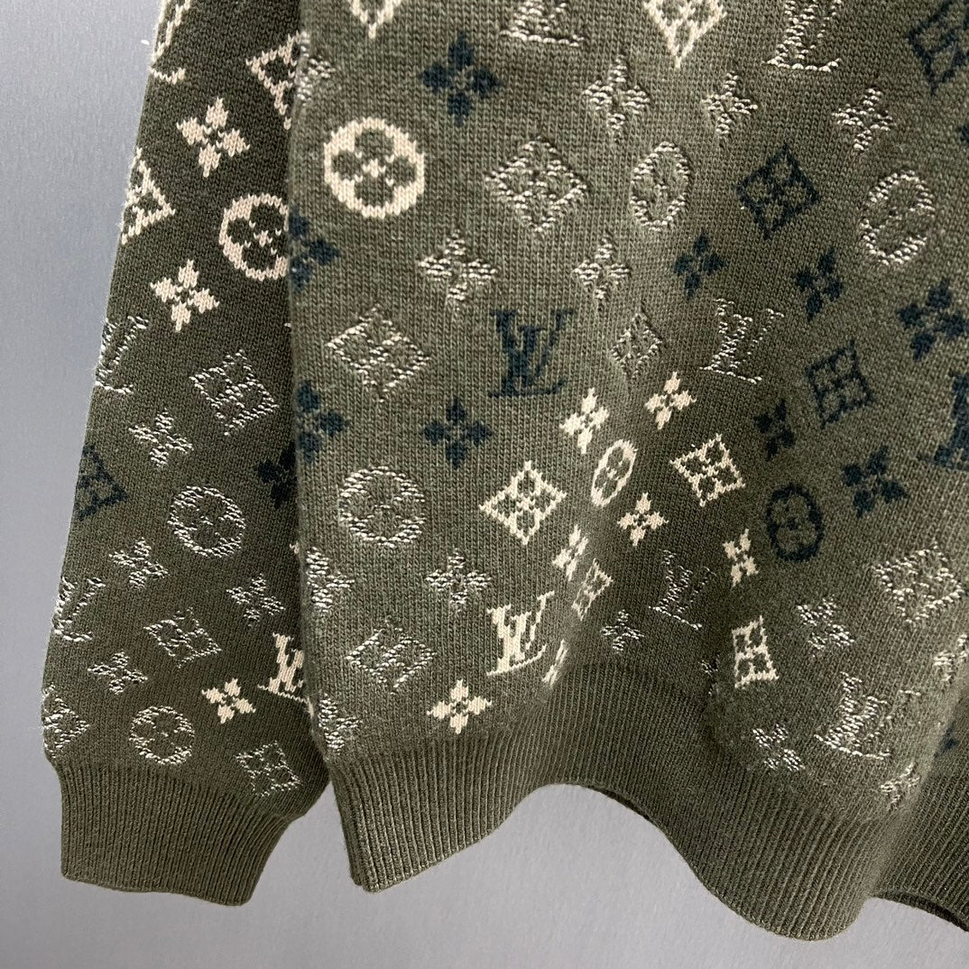Knit sweater hem and ribbed cuffs with all-over LV monogram pattern