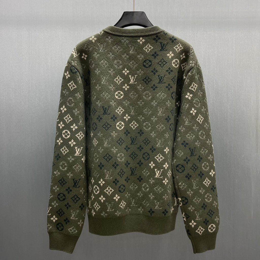 Back view of long-sleeve knit sweater in dark olive with Louis Vuitton monogram pattern