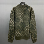 Back view of long-sleeve knit sweater in dark olive with Louis Vuitton monogram pattern