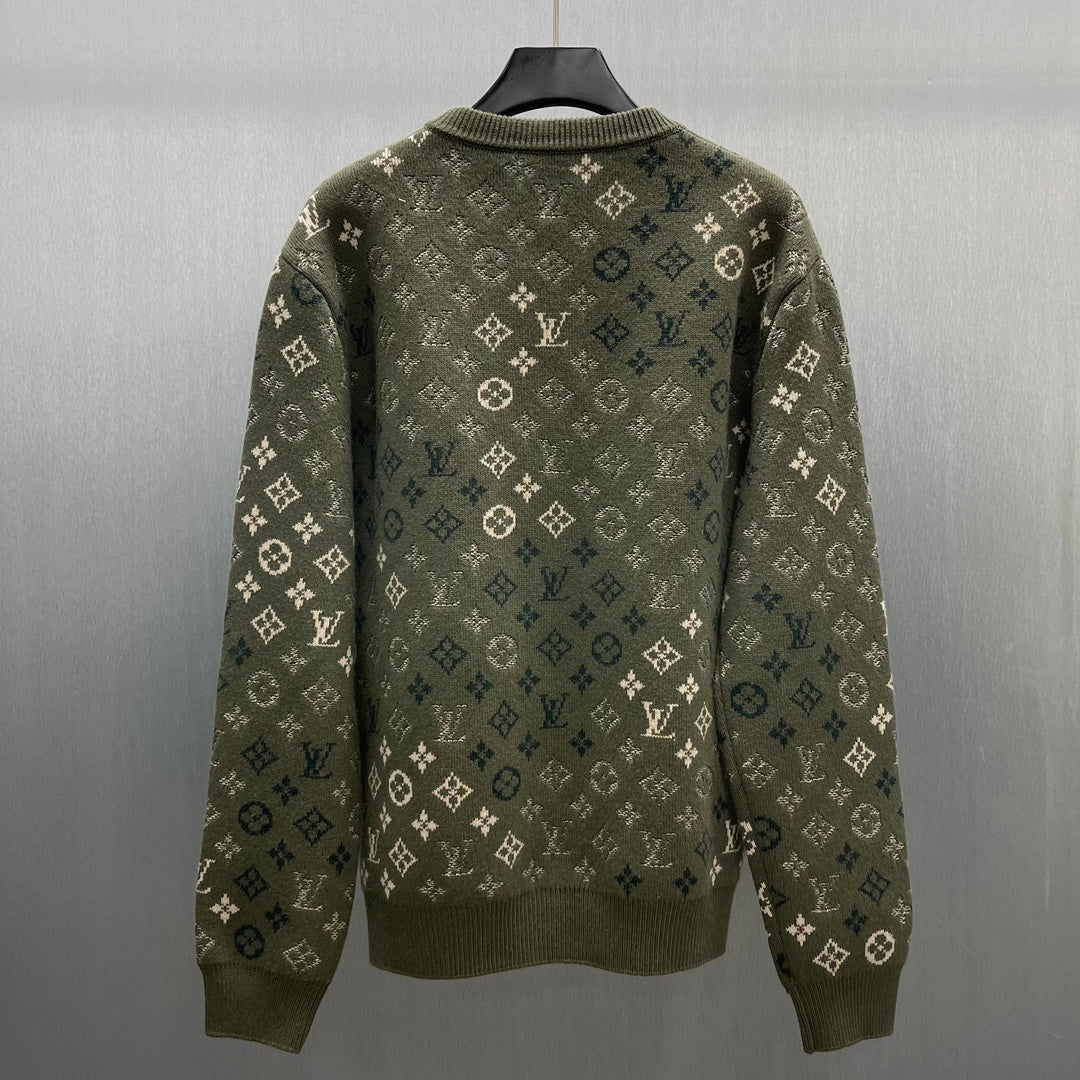 Back view of long-sleeve knit sweater in dark olive with Louis Vuitton monogram pattern