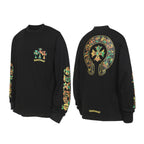 Black long-sleeve shirt with small colorful graphic on the chest and logo sleeve print