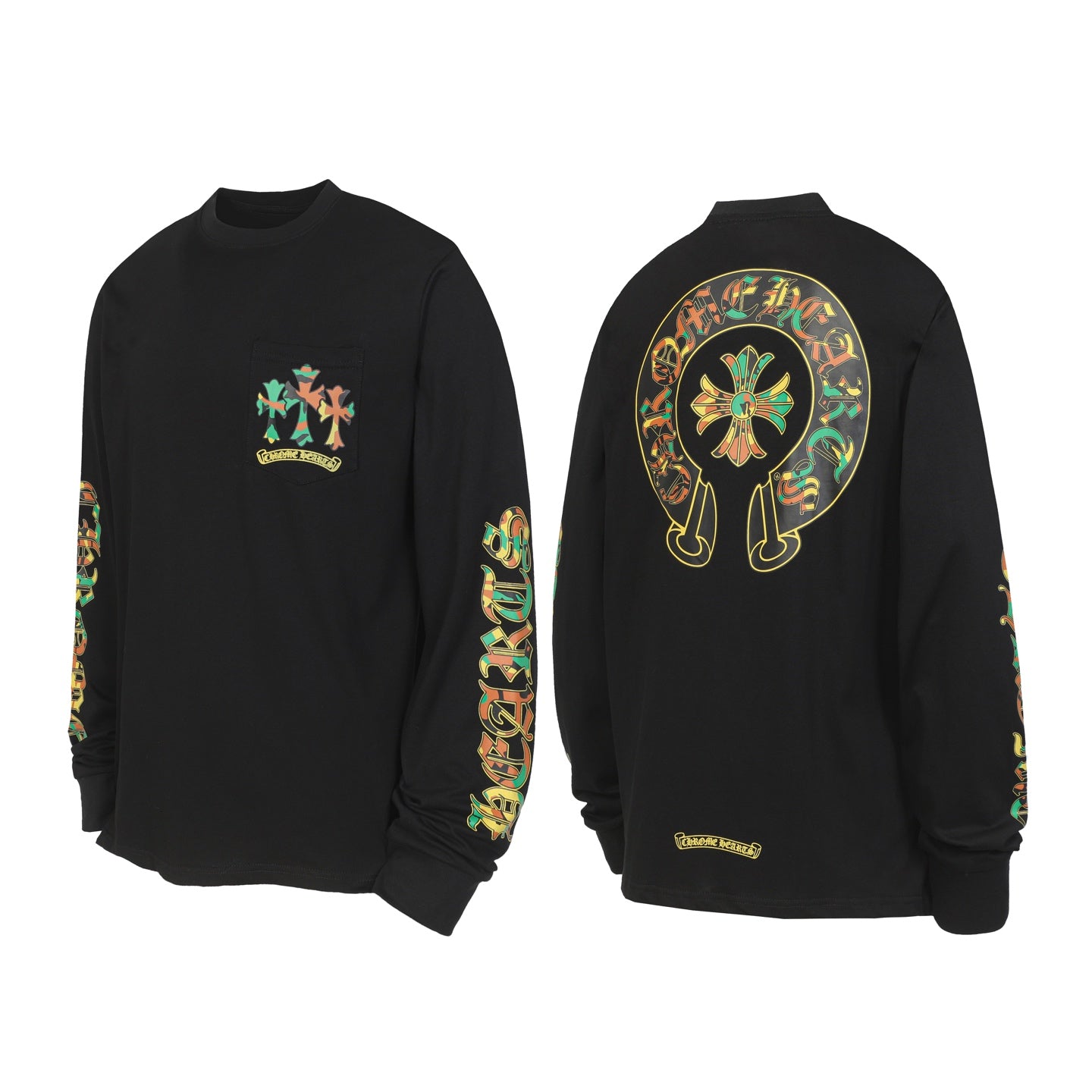 Black long-sleeve shirt with small colorful graphic on the chest and logo sleeve print