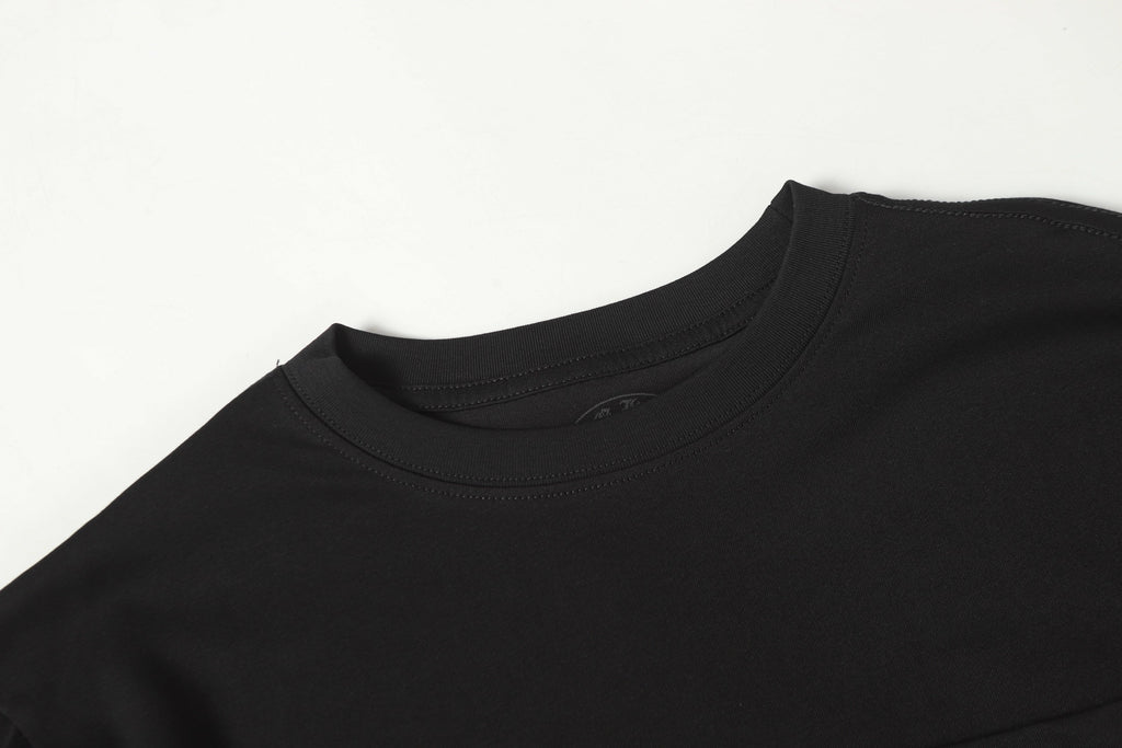 Black long-sleeve shirt neckline with ribbed collar and neat stitched seam