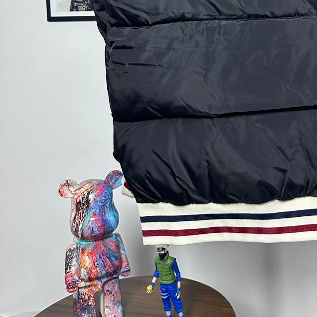 Moncler long puffer jacket, black with striped ribbed hem and cuffs