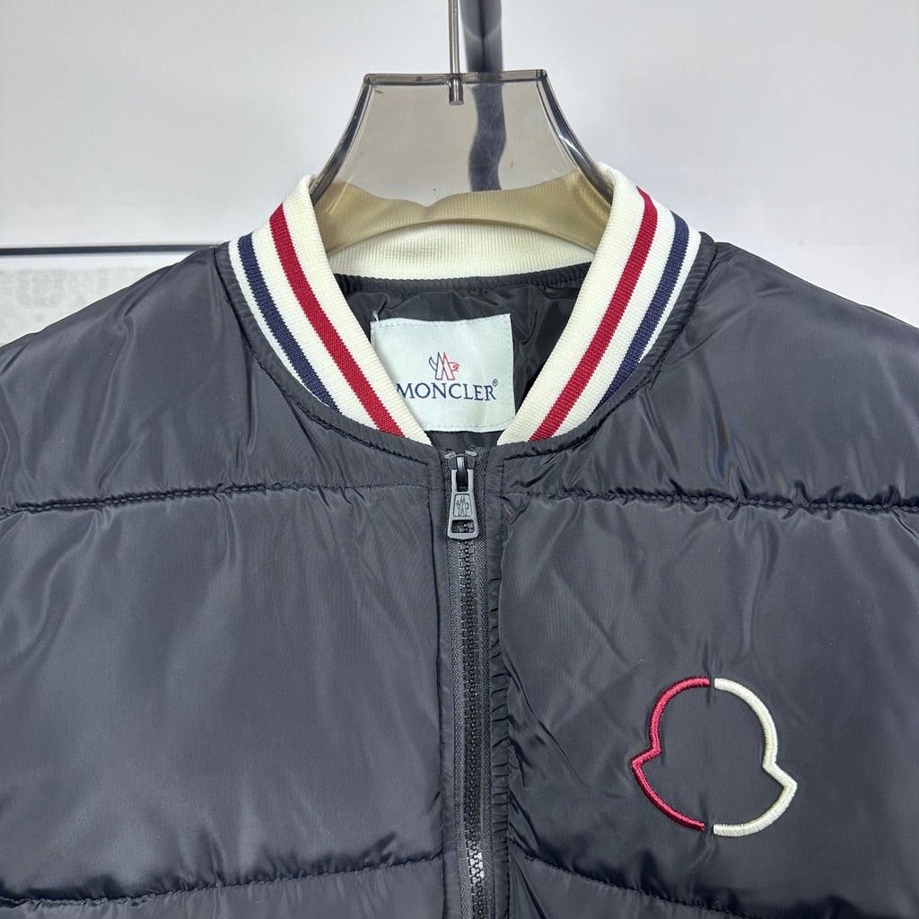 Moncler puffer jacket with striped collar and MONCLER logo patch