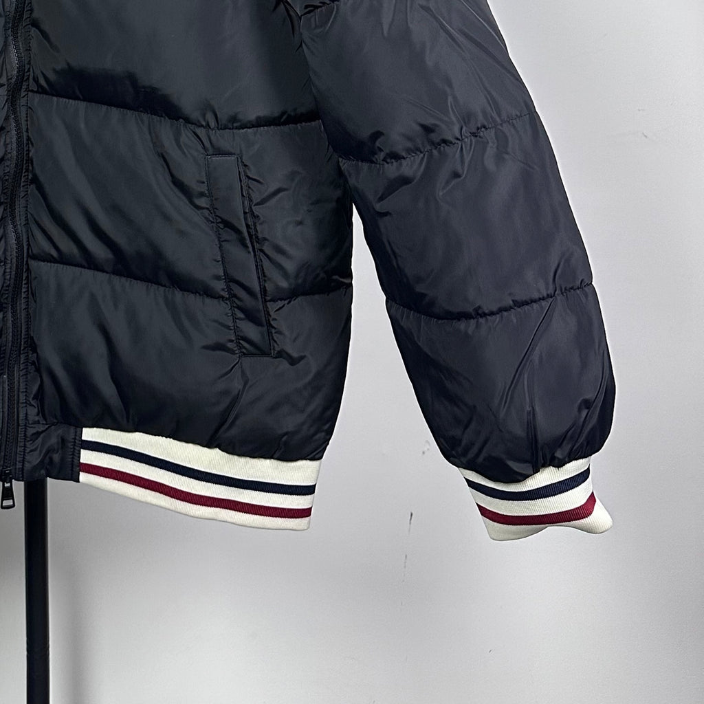 Moncler long puffer jacket, black with red/blue/white striped ribbed hem