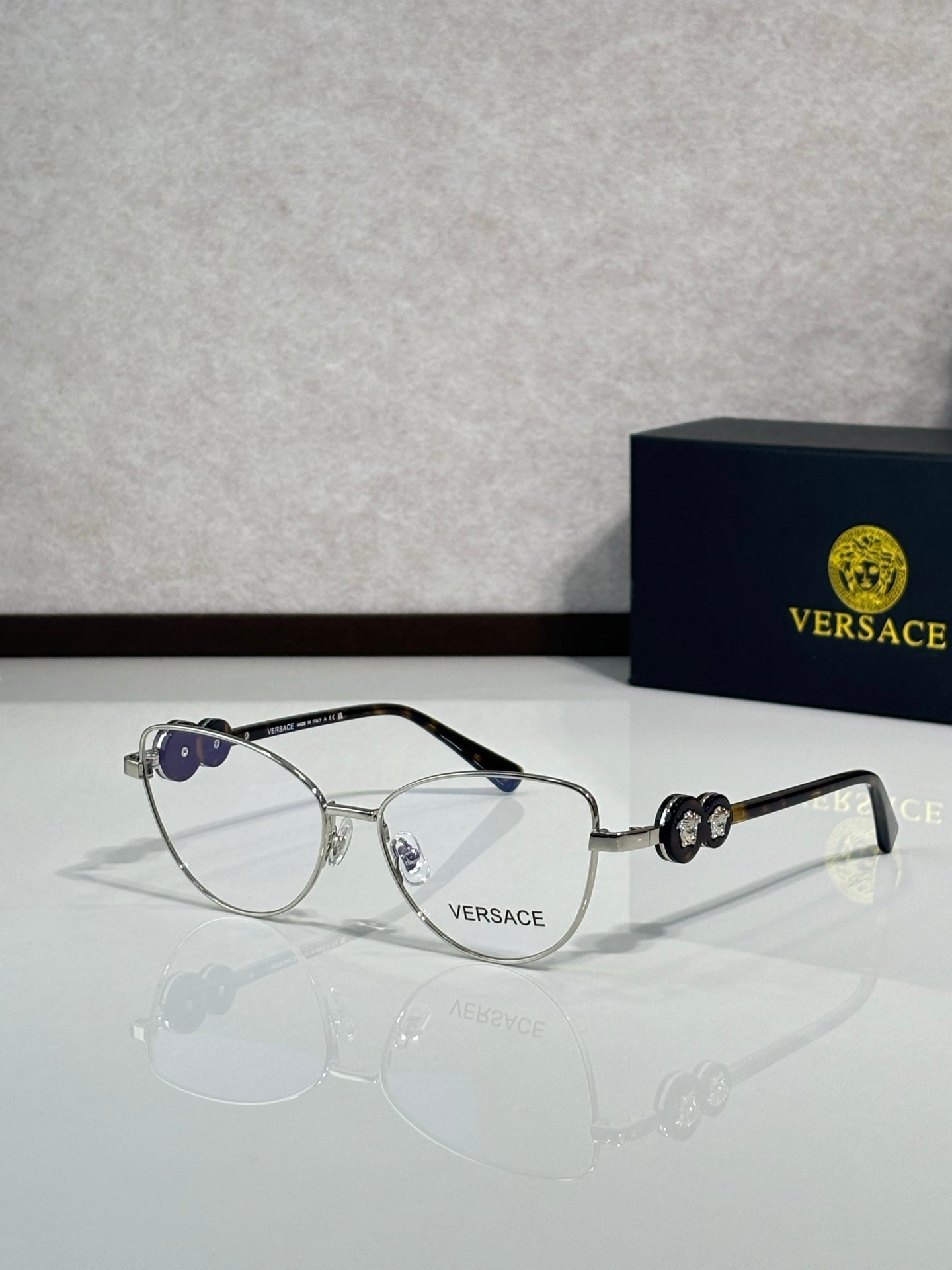 Versace aviator eyeglasses with silver-tone frame and clear lenses