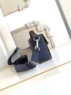 Fendi small crossbody bag with flap, blue leather exterior, adjustable strap and key charm