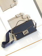 Fendi small crossbody bag, textured blue leather, gold-tone FF clasp and shoulder strap