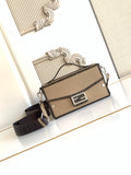 Fendi mini crossbody bag in textured beige with black strap and front logo lock