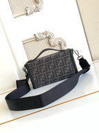 Fendi monogram crossbody bag with wide strap, black and gray patterned front