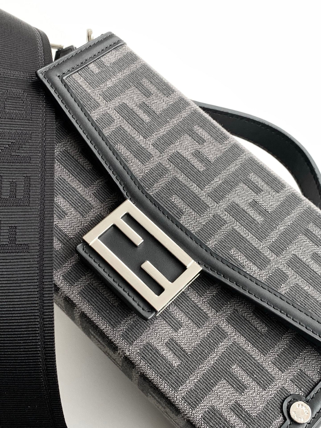 Fendi monogram bag close-up of flap and snap hardware, gray patterned fabric