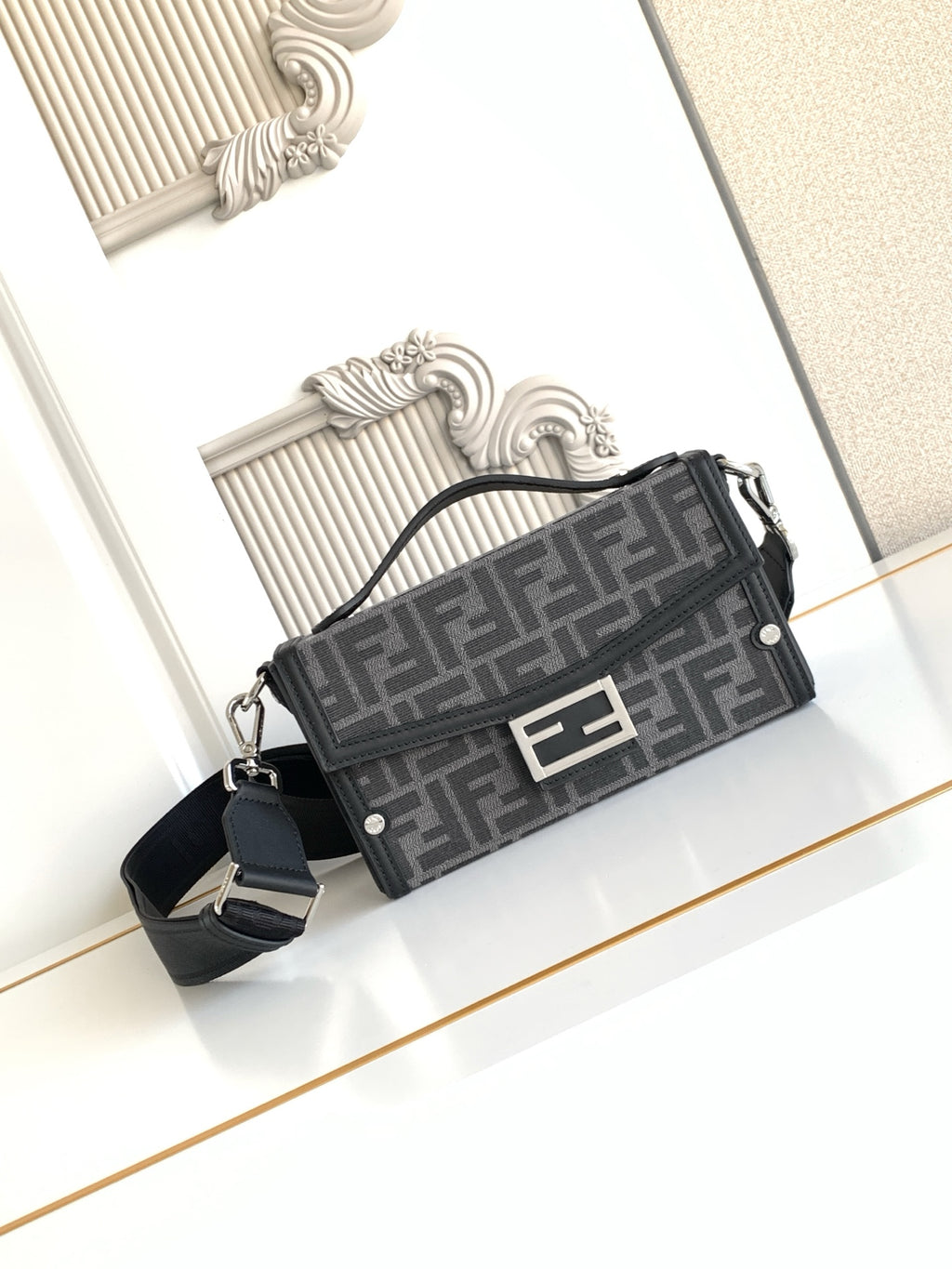 Fendi monogram crossbody bag with adjustable strap, black and gray canvas