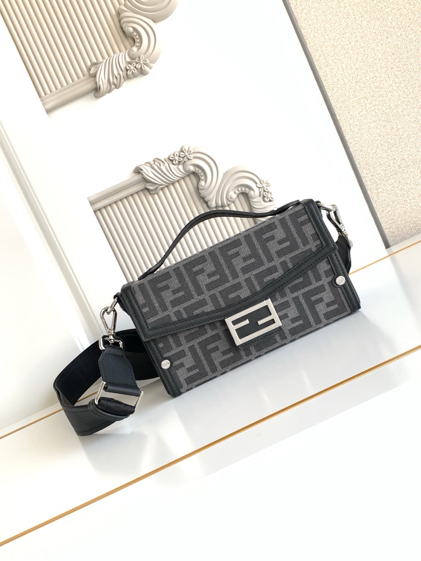 Fendi monogram crossbody bag with adjustable strap, black and gray canvas