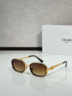 Gold sunglasses with brown tinted lenses, round-square lenses