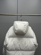 White hooded puffer jacket back view with wide horizontal baffles