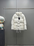 White hooded puffer jacket with front buttons and patch pockets
