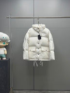 White hooded puffer jacket with front buttons and patch pockets