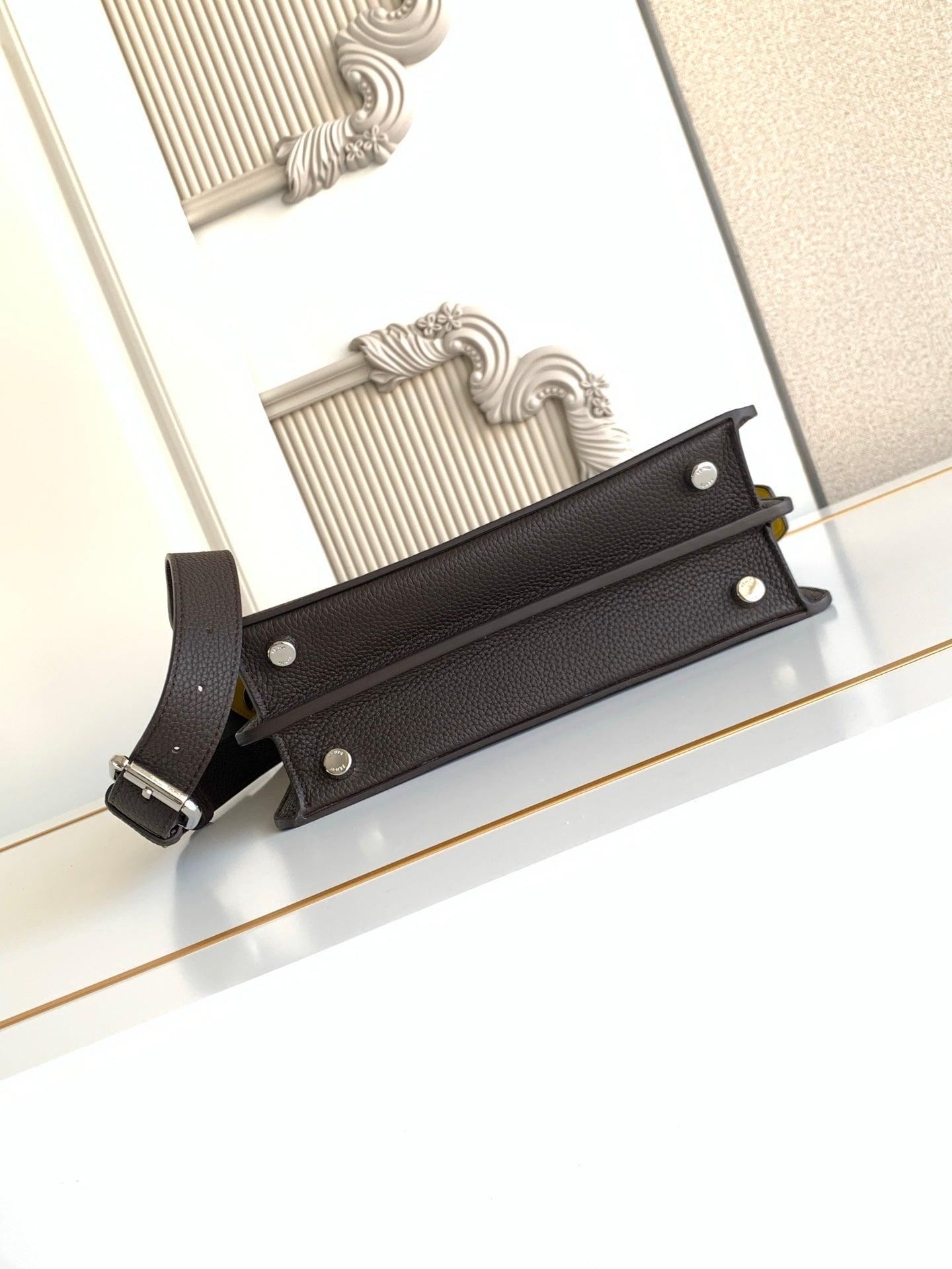 Fendi bag long flap crossbody in dark pebbled leather with snap buttons and strap