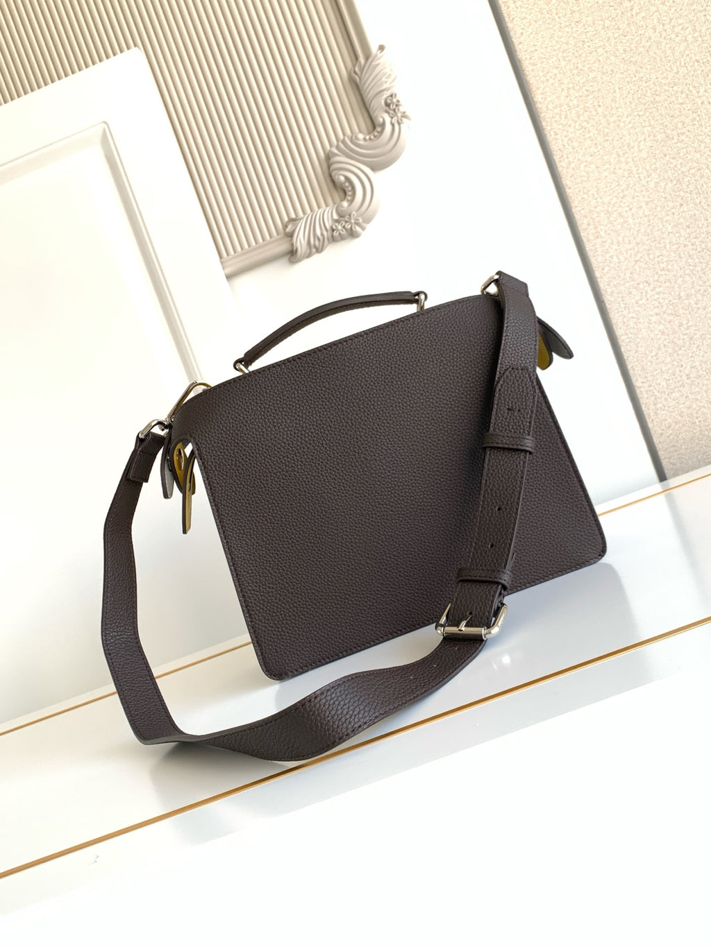 Fendi bag dark pebbled leather shoulder bag with flap, gold-toned hardware, crossbody strap