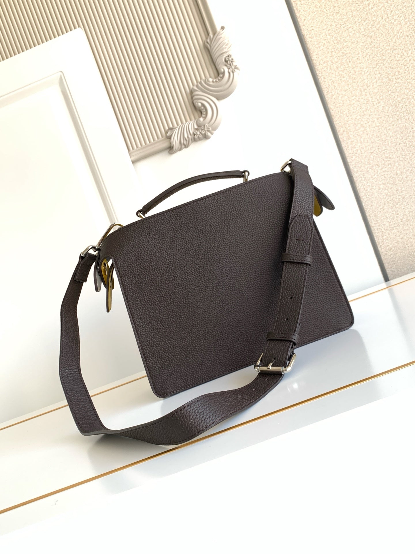 Fendi bag dark pebbled leather shoulder bag with flap, gold-toned hardware, crossbody strap