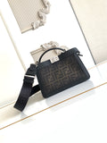 Black Fendi crossbody bag with top zip, FF logo jacquard panel, shoulder strap