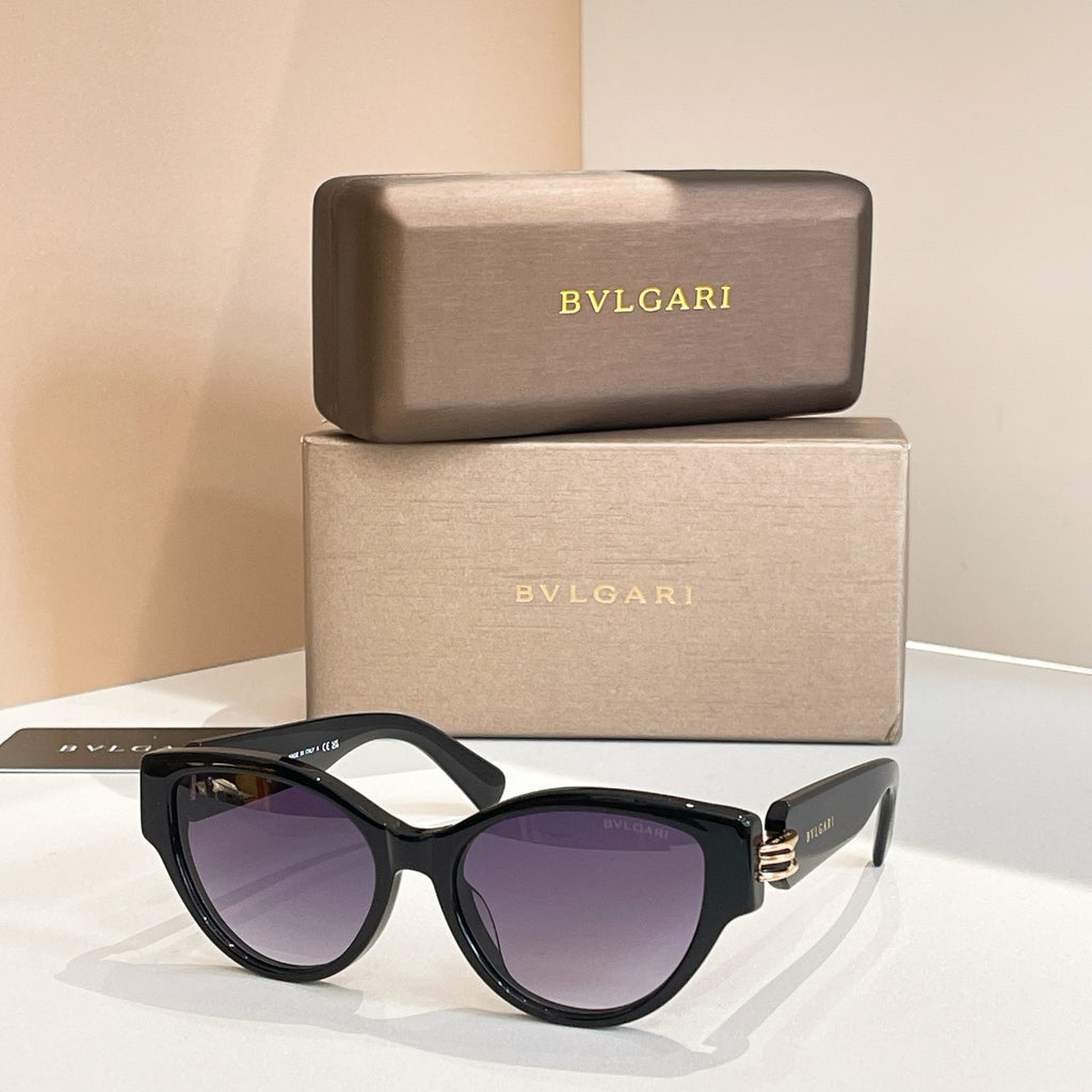 Bvlgari sunglasses, black frame with dark purple tinted lenses