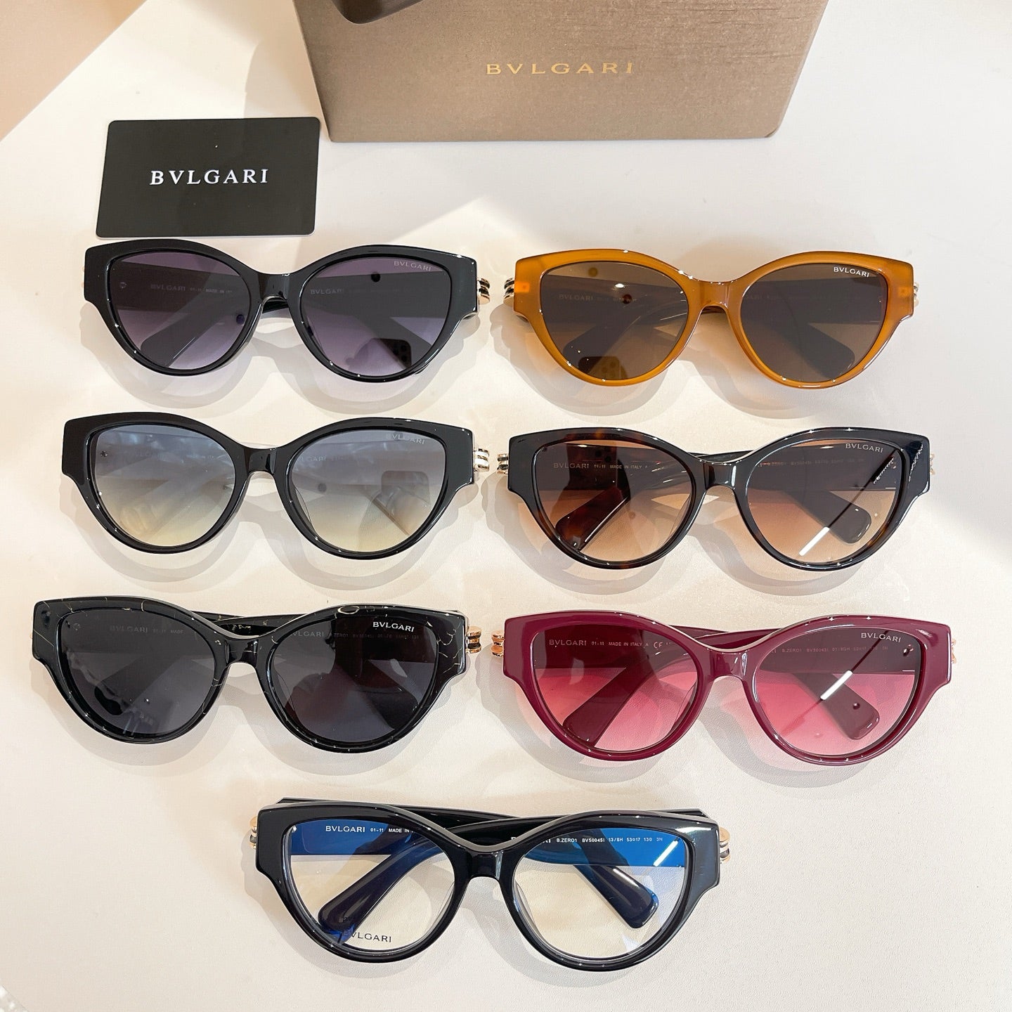 Set of Bvlgari sunglasses, assorted frames and tinted lenses shown together