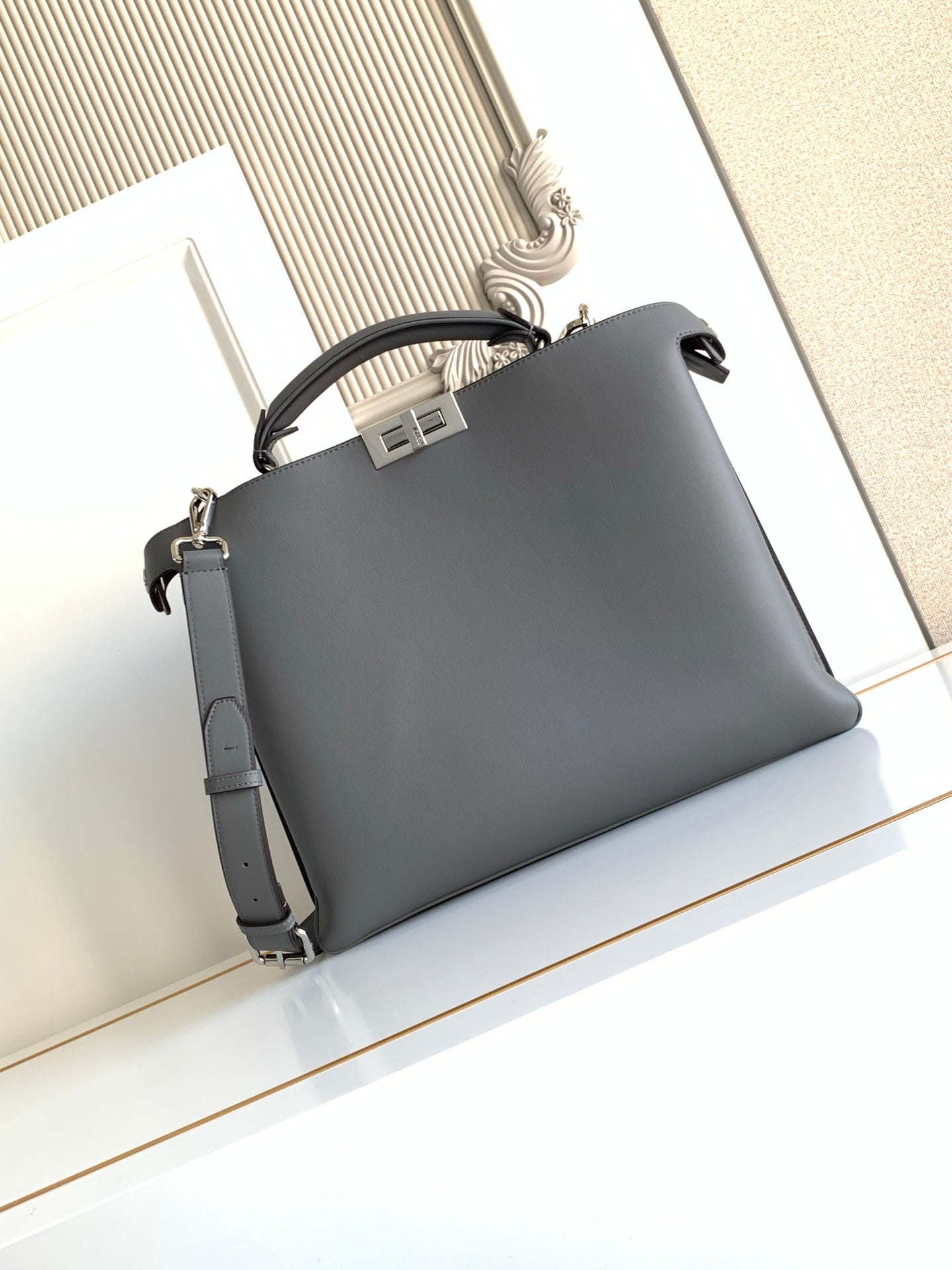 Fendi dark gray leather bag with top handle and adjustable shoulder strap