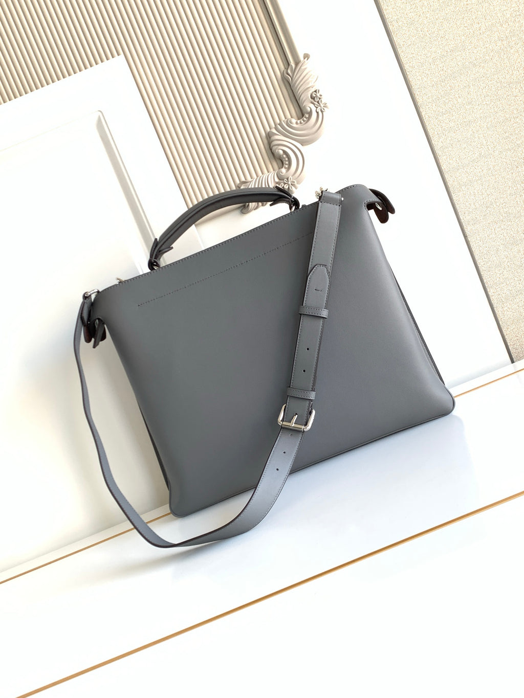 Fendi dark gray leather bag with top handle and crossbody strap