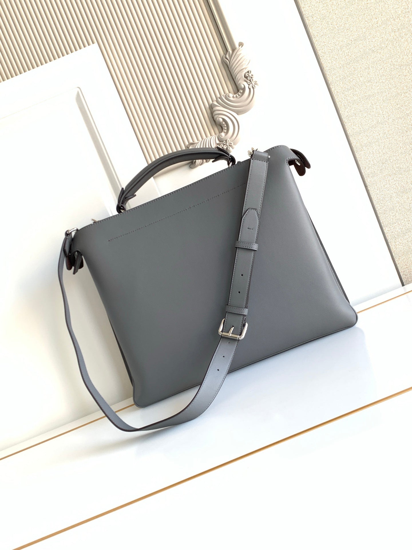 Fendi dark gray leather bag with top handle and crossbody strap