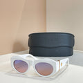 Versace sunglasses, white round frames with pink-tinted lenses and gold logo detail