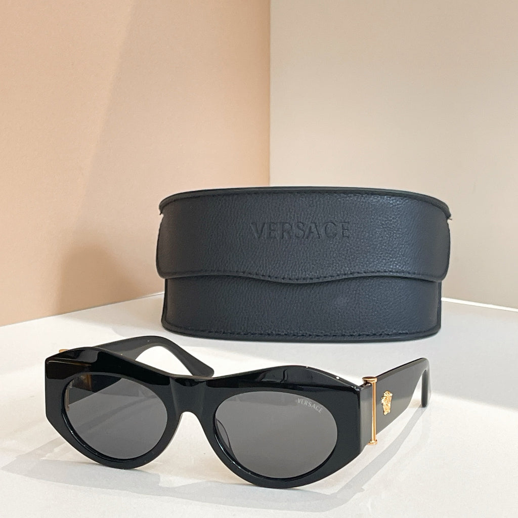 Versace sunglasses, black round frames with gray lenses and gold emblem hinge