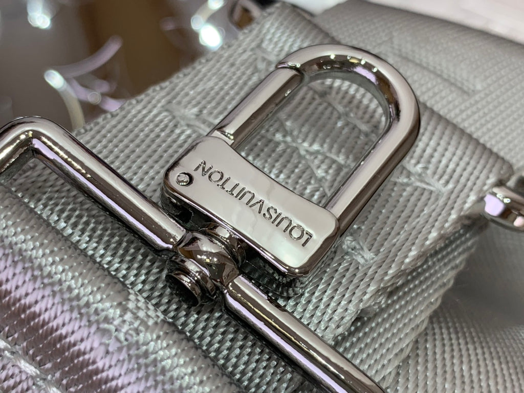 Silver Louis Vuitton handbag close-up of strap buckle and metal D-ring