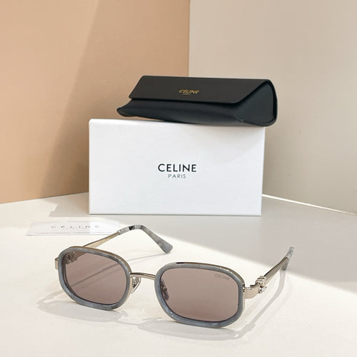 Square sunglasses with dark frames and tinted gray lenses, with temple arms visible