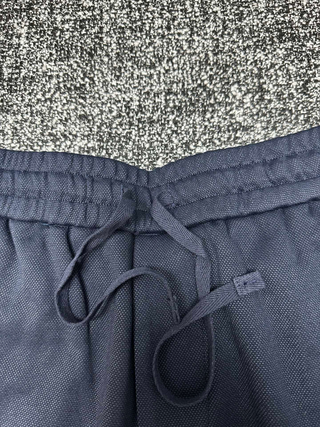 Dior pants, slate blue elastic waistband with front drawstring and looped ties