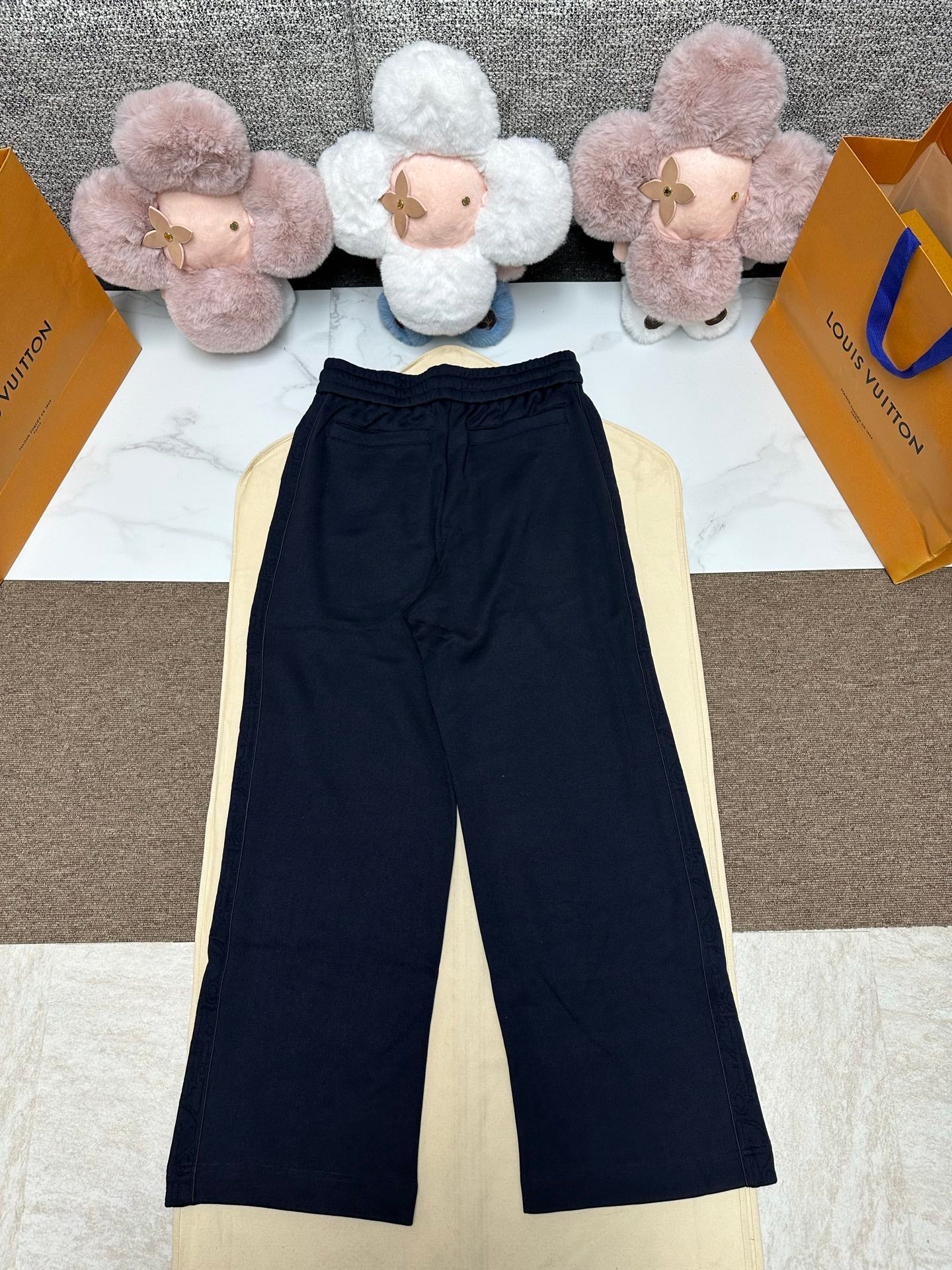 Dior pants, dark navy wide-leg pants with gathered elastic waist and drawstring